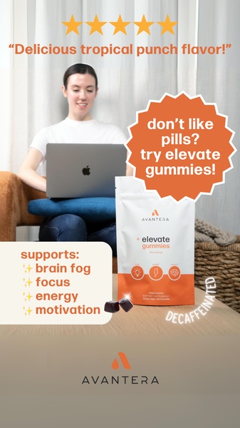A vertical-format static ad for Elevate Gummies that uses a testimonial-style headline and a bulleted list of benefits to address consumer pain points.